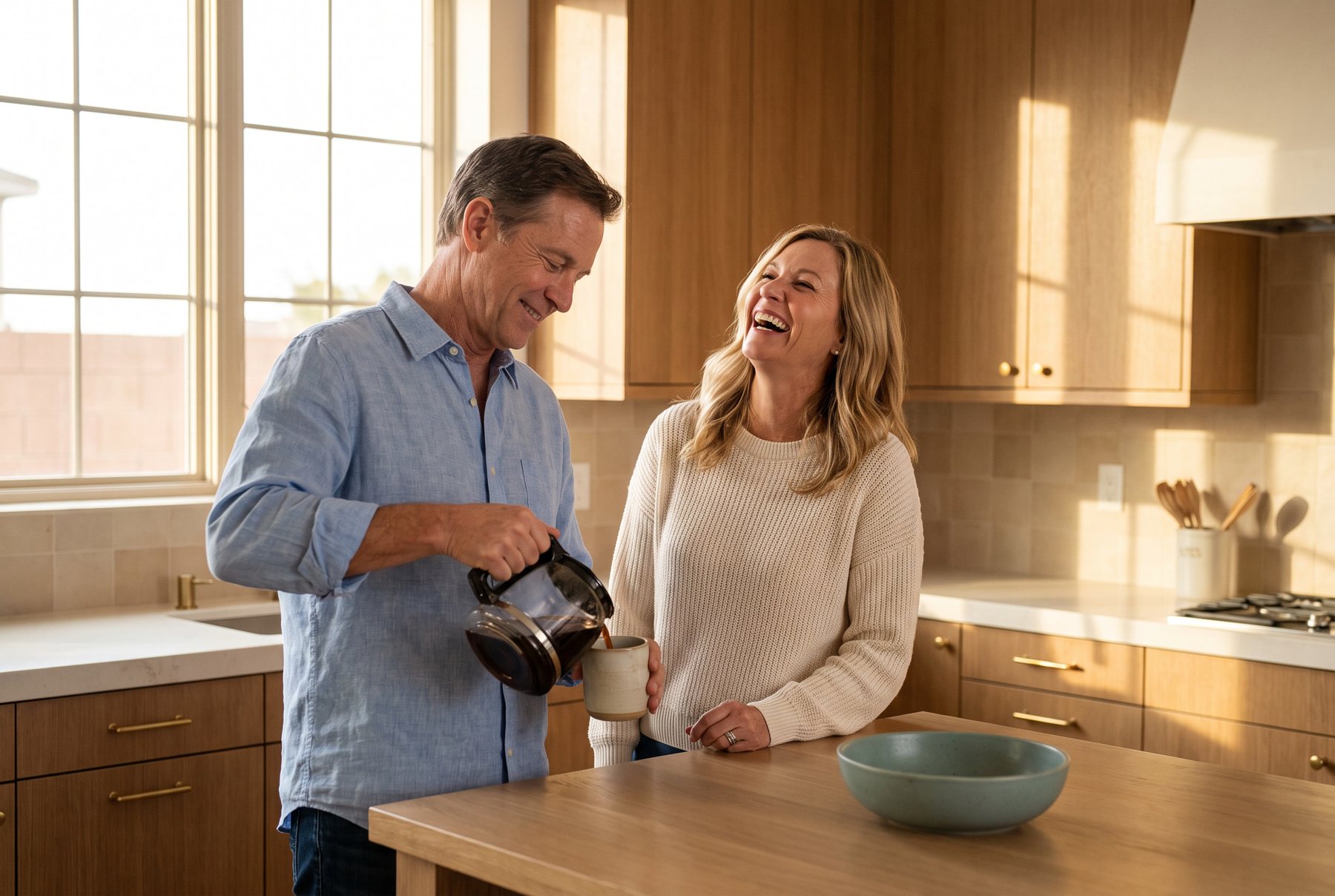 A couple share a conversation in a bright kitchen in Summerlin