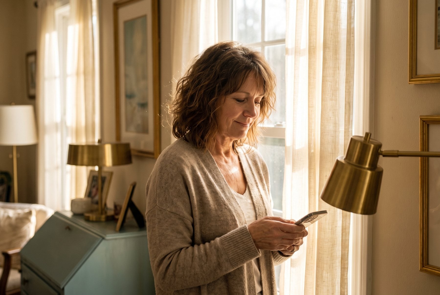 A woman checks her phone beside a sunlit window