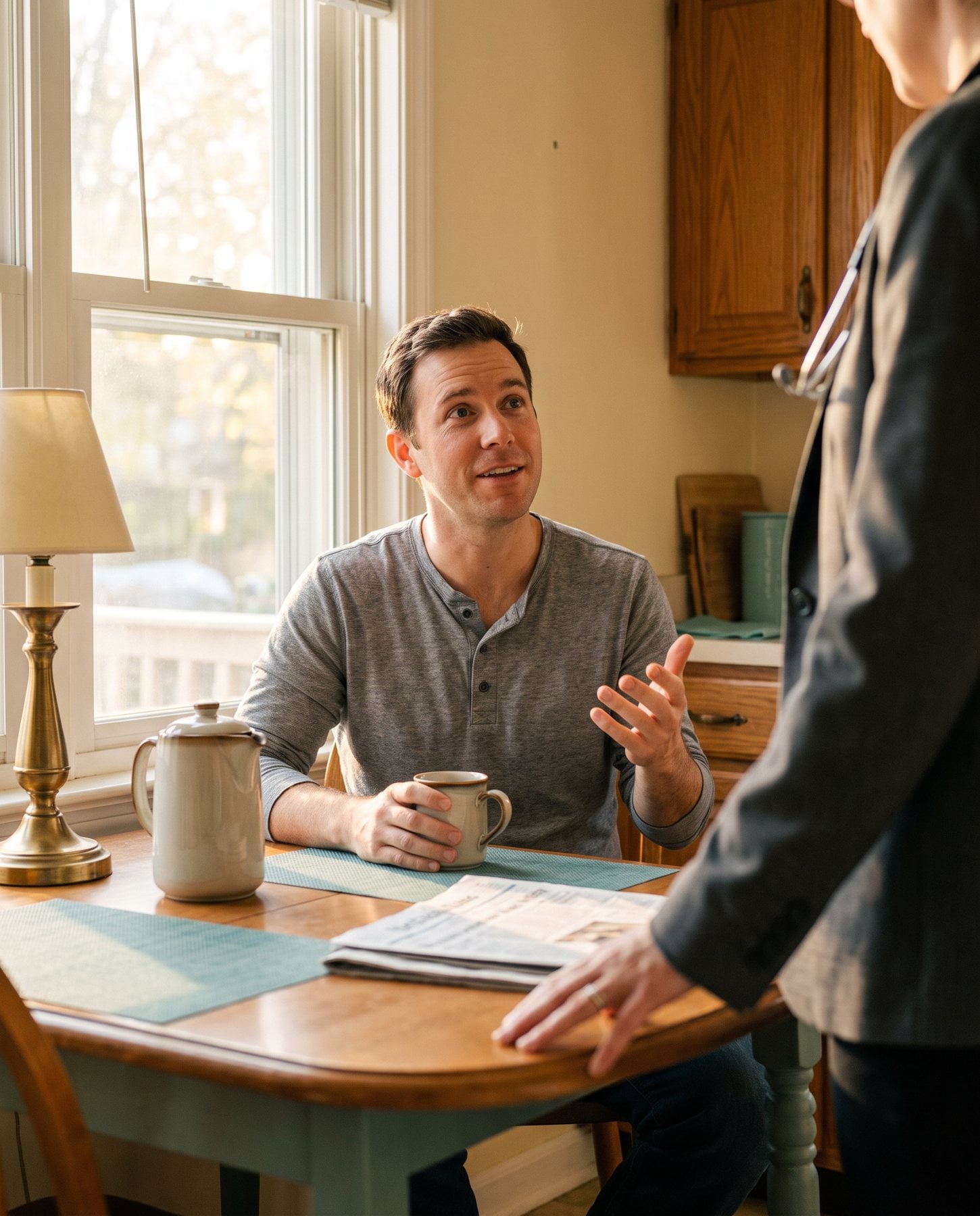 A man seated at a table looks up during a private conversation