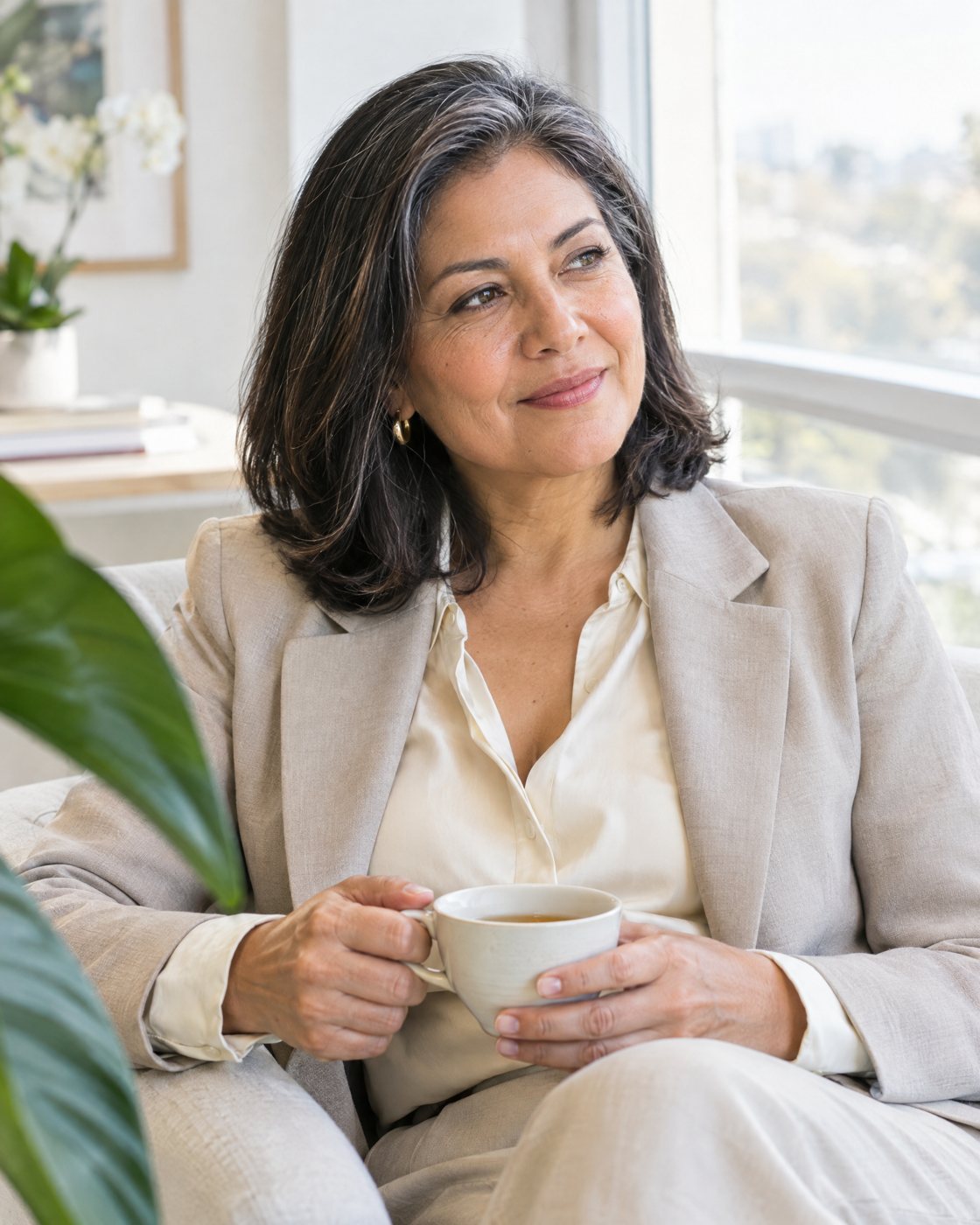A woman executive sits with a cup of tea during a private office consultation
