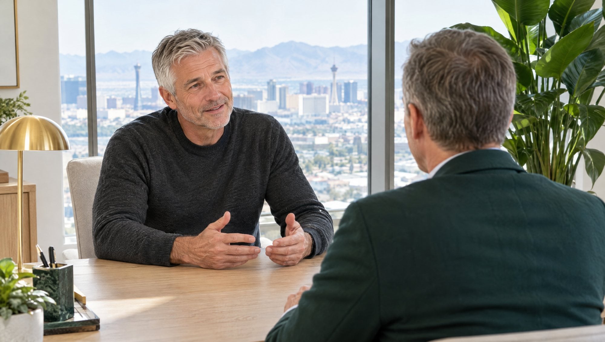 A man in a dark sweater talks with a physician beside a Las Vegas skyline window