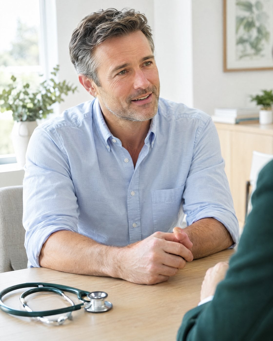 A man in a blue shirt speaks with his physician