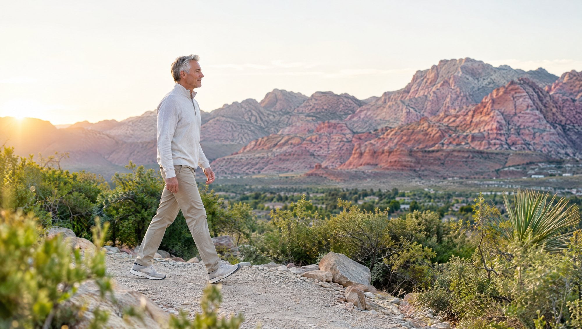 A man walks a desert trail near Red Rock at sunrise