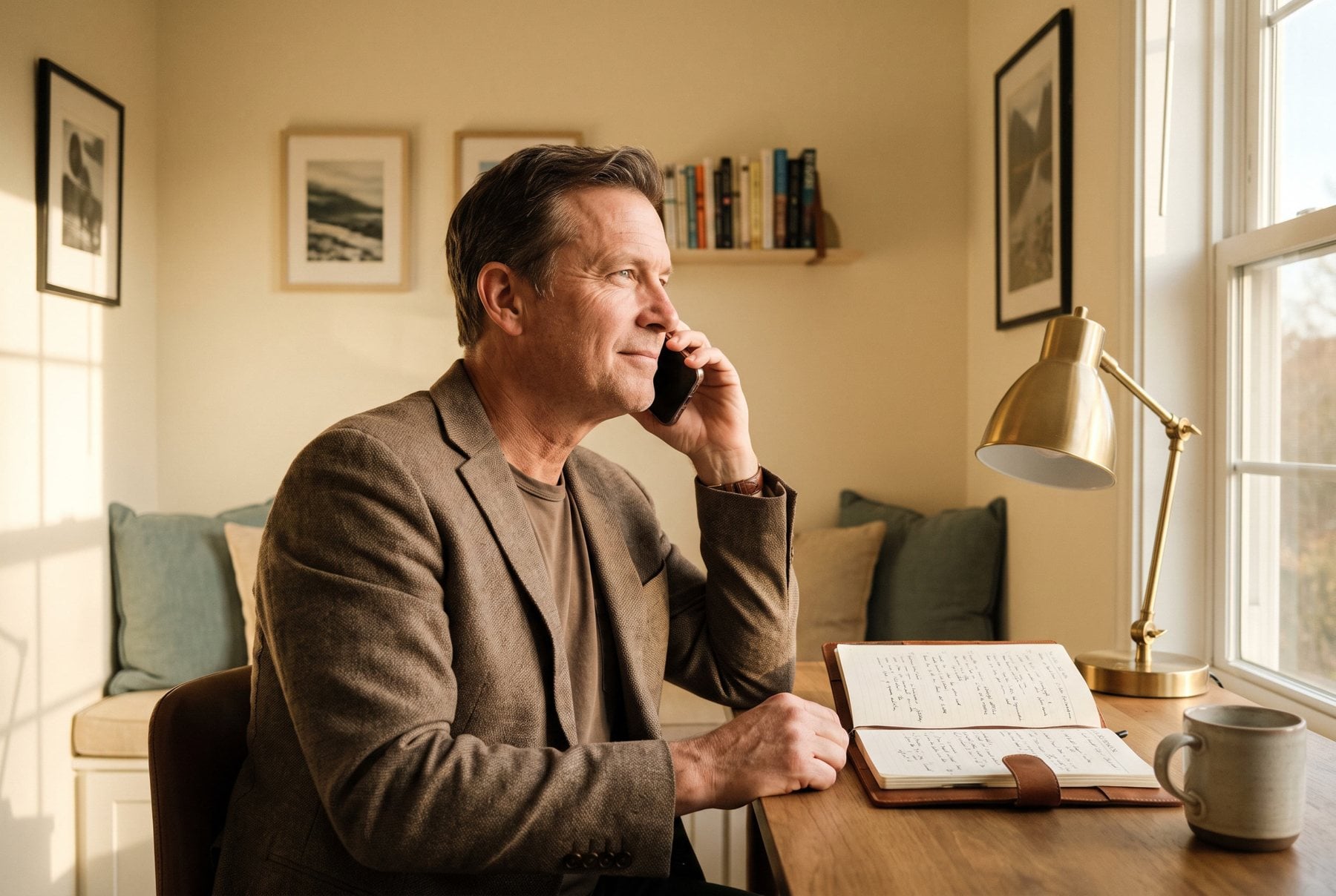 A man speaks on the phone beside a notebook at home